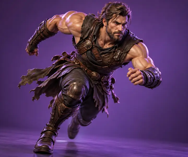 Ein stilisierter, muskulöser Spielcharakter, der vor einem violetten Studiohintergrund in dynamischer Pose mitten im Lauf gezeigt wird.