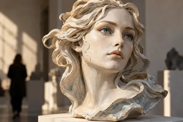 Ein skulpturales Keramikgesicht mit fließendem hellem Haar, strahlend blauen Augen und einer sanften, redaktionellen Ästhetik.