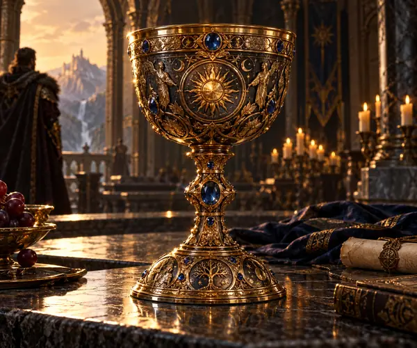 Ein kunstvoll verzierter Fantasy-Kelch mit eingravierten Symbolen, Schmucksteinen und warmen goldenen Akzenten.