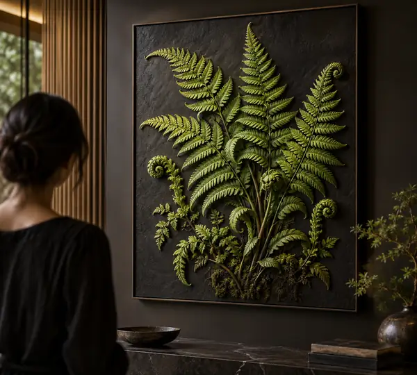Eine filigrane, leuchtend grüne Farnskulptur, als schlichtes botanisches Relief vor einem dunklen Hintergrund angeordnet.