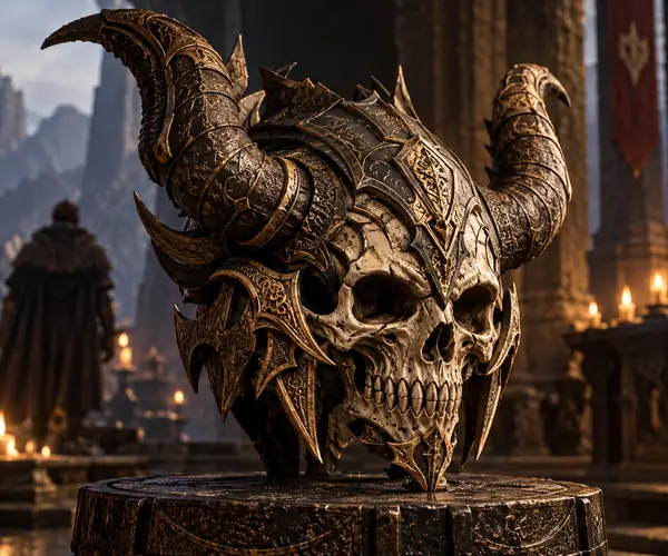 Ein Fantasy-Schädelornament mit Hörnern, mehrlagiger Rüstung, geschnitzten Details und einer dramatischen Silhouette.