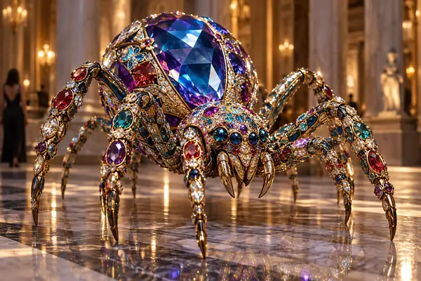 Eine farbenfrohe, juwelenbesetzte Spinnenskulptur mit einem großen, facettierten Edelstein als Körper.