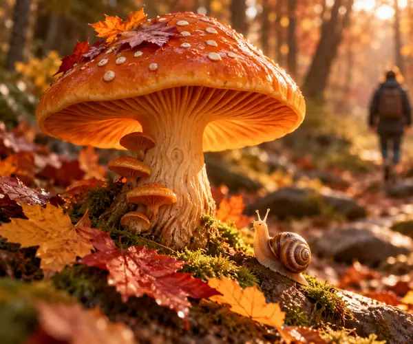 Eine warm orangefarbene Pilzskulptur mit Herbstblättern und einer kleinen Schnecke daneben.