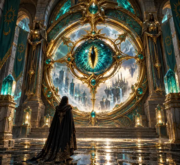 Ein gerahmtes Fantasy-Portal mit einem großen Auge in der Mitte und filigranen Ornamenten in Türkis und Gold.