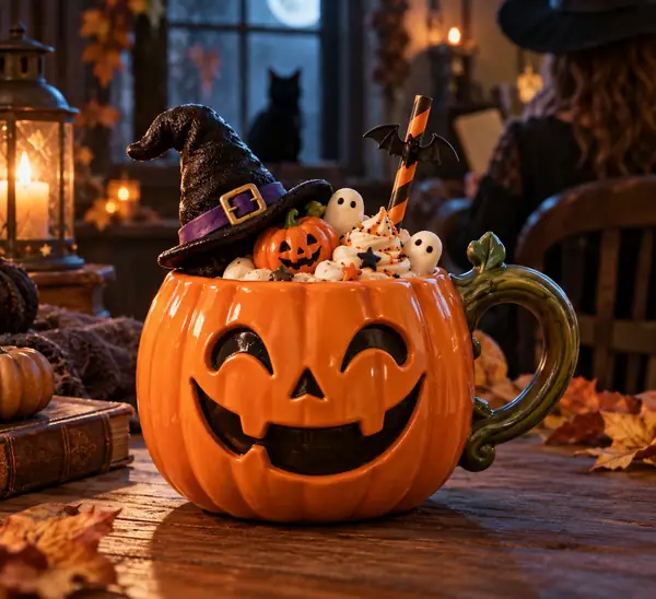 Eine verspielte orangefarbene Kürbistasse mit einem winzigen Hexenhut und verspielten Halloween-Details.