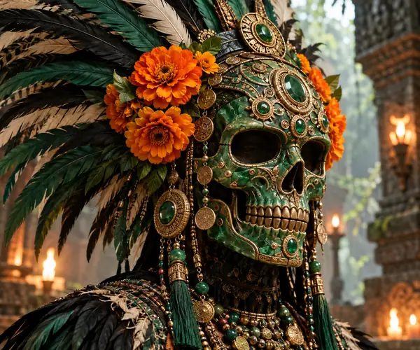 Eine reich verzierte grüne Schädelmaske mit Federn, Schmuck und orangefarbenen Blumen.