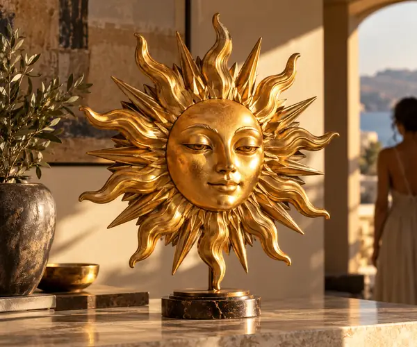 Eine goldene Sonnenmasken-Skulptur mit einem gelassenen Gesicht, mehreren Strahlenkränzen und einem kleinen Sockel.