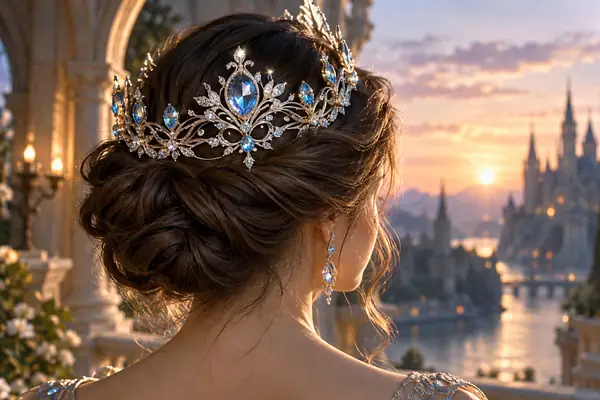 Eine filigrane Fantasy-Tiara mit leuchtenden Edelsteinen und kunstvollen silbernen Verzierungen.