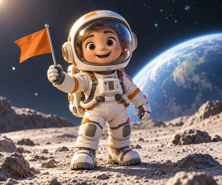 Ein freundliches, spielzeugartiges Astronauten-Maskottchen, das bei klarer Studiobeleuchtung eine winzige Flagge hält.