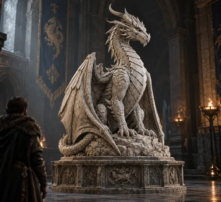 Eine stilisierte Fantasy-Drachenstatue mit angelegten Flügeln und gemeißelten Steindetails auf einer Präsentationsbasis.