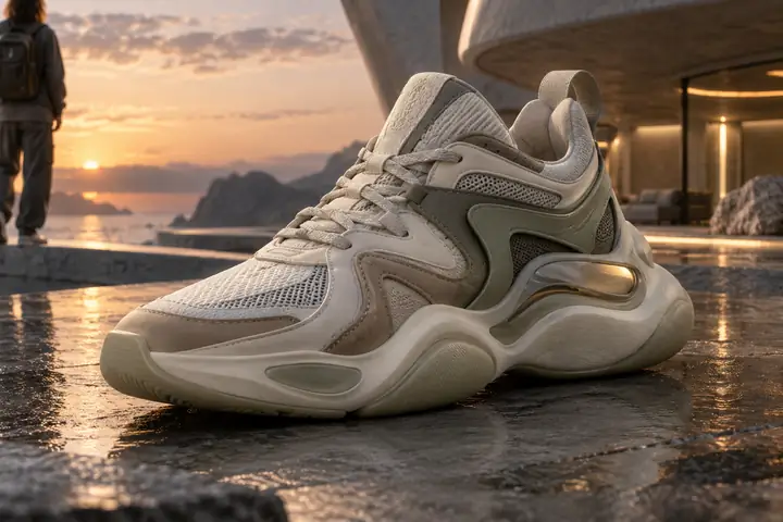 Ein kompaktes futuristisches Sneaker-Konzept mit mehrschichtigen Panels und einer weichen Gummisohle in einem Produkt-Render.
