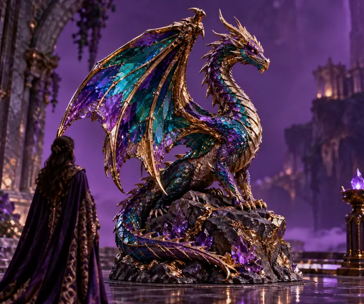Eine Fantasy-Skulptur in Juwelenfarben mit detaillierter Oberflächentextur vor einem violetten Hintergrund.