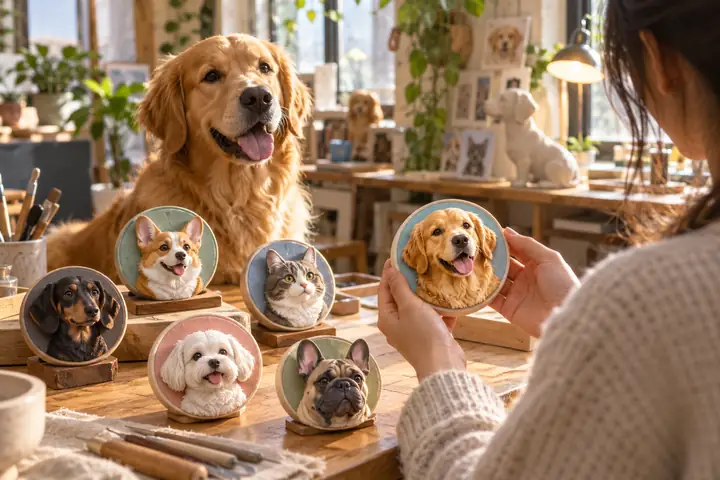 Eine helle, kreative Studioszene mit individuellen Haustierporträt-Ansteckern neben einem freundlichen Hund.