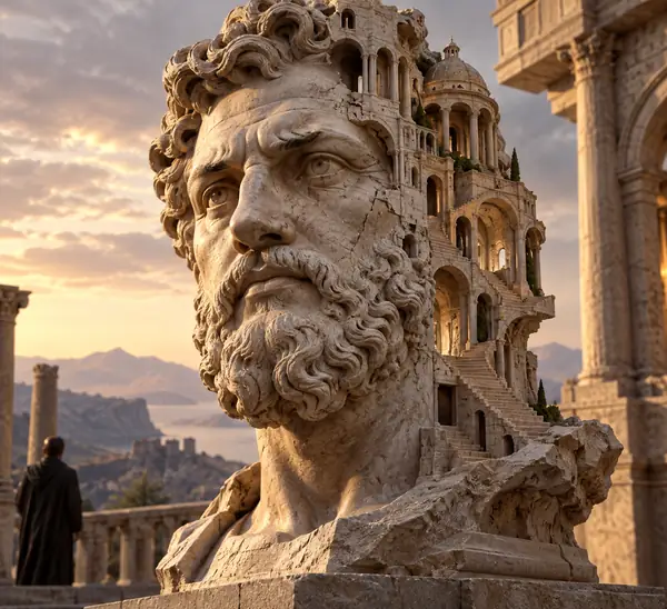 Eine detaillierte Büste eines steinernen Philosophen mit architektonischen Formen, die in eine Seite des Gesichts integriert sind.