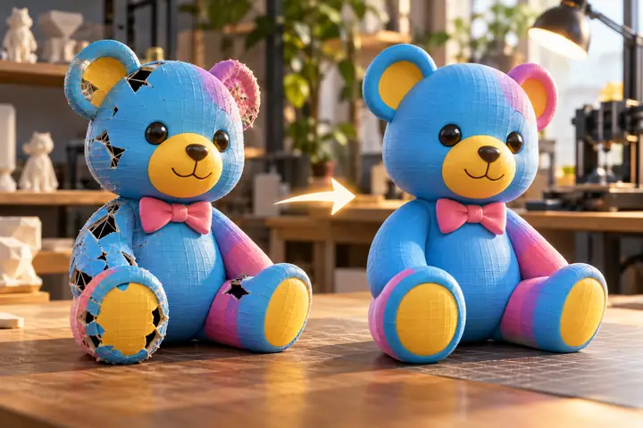Ein farbenfrohes Teddybärenmodell mit kleinen Netzunterbrechungen vor einem auf den Druck ausgerichteten Reparaturdurchlauf.