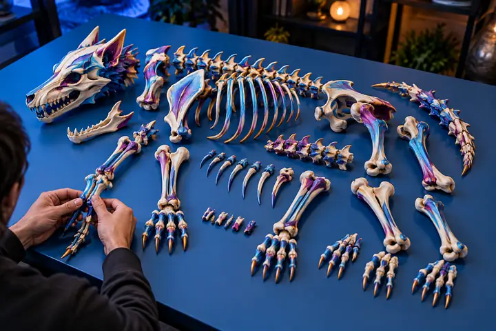 Ein stilisiertes, farbenfrohes Wolfsskelett, das auf einer blauen Präsentationsfläche in einzelne Teile zerlegt ist.